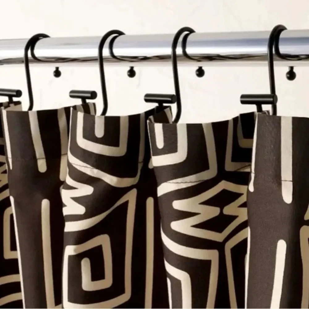 Opalhouse Geometric Black and Cream Shower Curtain with Black Shower Hooks